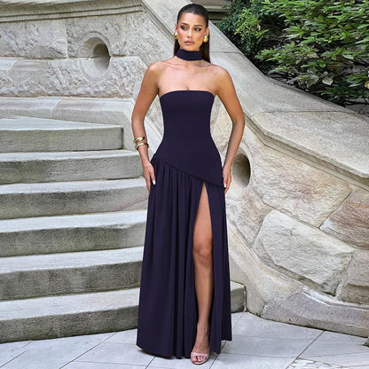 Women Solid Color Strapless Dress Slim Fit Split Backless Elegant Ribbon Midi Dress Fashion Evening Party Formal Dresses