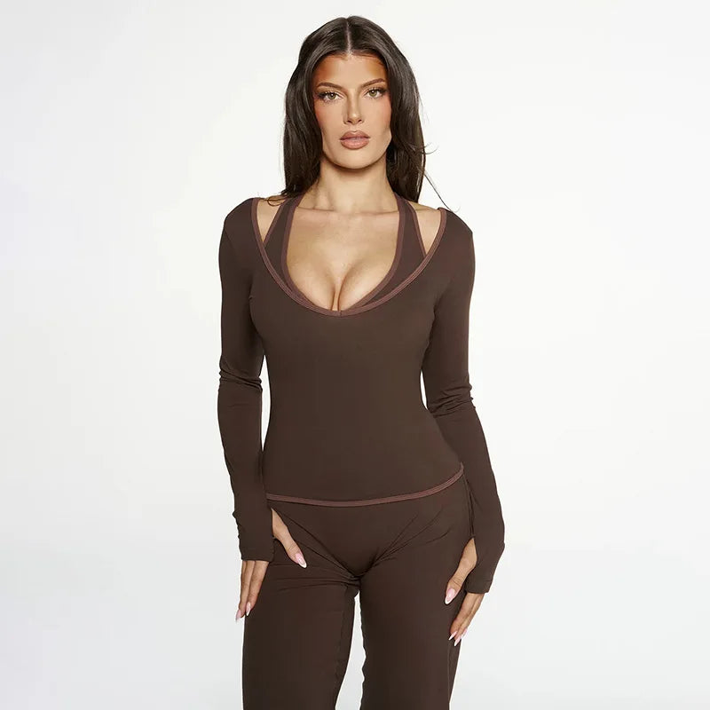 Cross Border Autumn Women's Clothing From Europe And America, New Color Blocking V-neck Long Sleeved Straight Leg Pants Set For