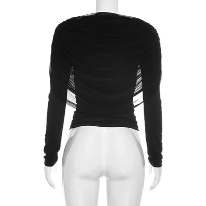 2026 Spring Summer Women Long Sleeve T-Shirt Draped Collar Pleated Shawl Slim Fit Stretch Tops Elegant Casual Daily Wear Top