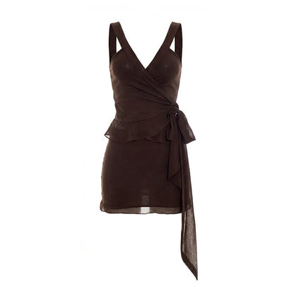 Summer Women 2 Piece Dress Set Lace Trim Camisole Backless Bandage Mini Dress Casual Party Sundress