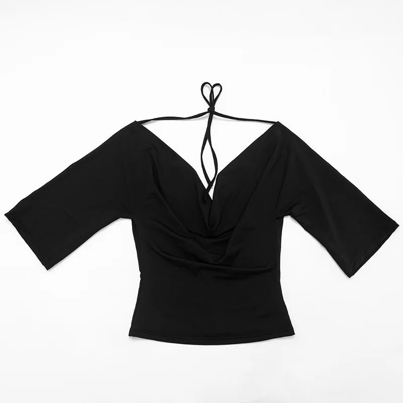 2026 Summer Women Sexy Off Shoulder 3/4 Sleeve Open Back Tie Up T Shirt Slim Fit Fashion Going Out Pullover Crop Tops Ladies