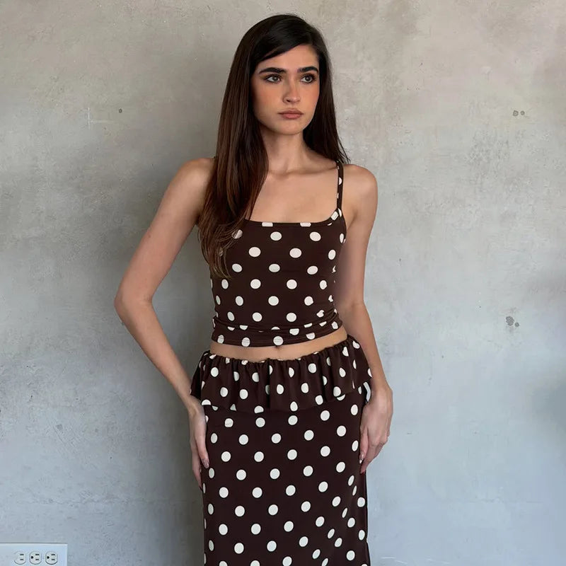 2026 Summer Women Hot Girl Polka Dot Cami Skirt Set Ruffle Split Hem Midi Skirt Two Piece Outfit Trendy Female Holiday Beach Mat