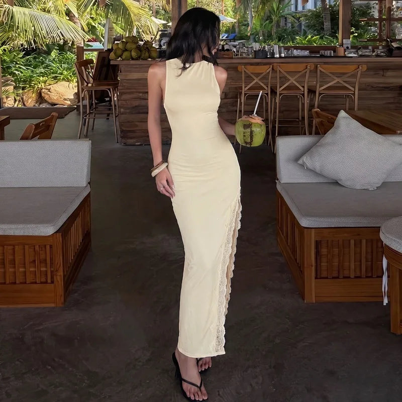 2026 Summer Women Lace Trim Split Dress Sexy Backless Sleeveless Long Dress Party Maxi Dress