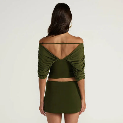 Summer Vintage Elegant 2 Piece Set Women One Shoulder Off Backless Ruched Waist Pleated Casual Suit