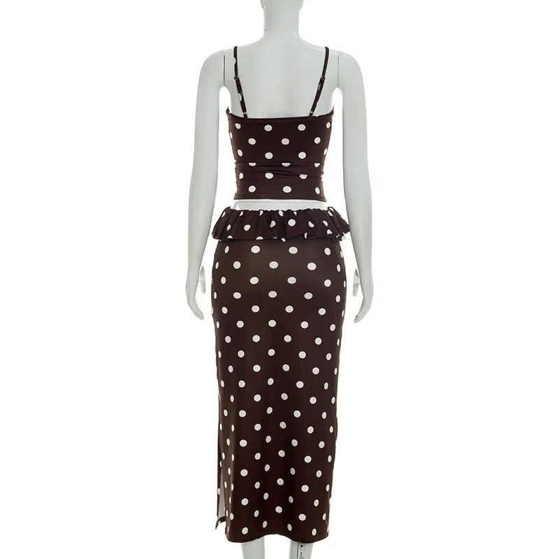 2026 Summer Women Hot Girl Polka Dot Cami Skirt Set Ruffle Split Hem Midi Skirt Two Piece Outfit Trendy Female Holiday Beach Mat
