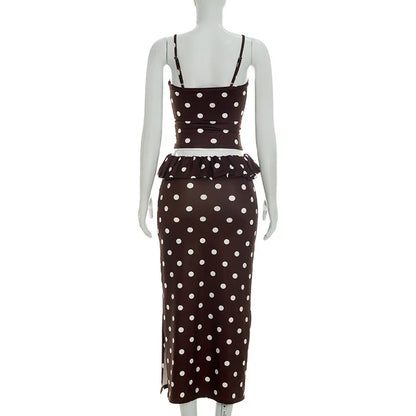 2026 Summer Women Hot Girl Polka Dot Cami Skirt Set Ruffle Split Hem Midi Skirt Two Piece Outfit Trendy Female Holiday Beach Mat