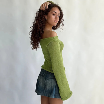 Casual Pullover Women Long Sleeve Y2K Knitted Sweater Tops Sexy Off Shoulder Club Fashion 2025 Winter Jumpers Sweater