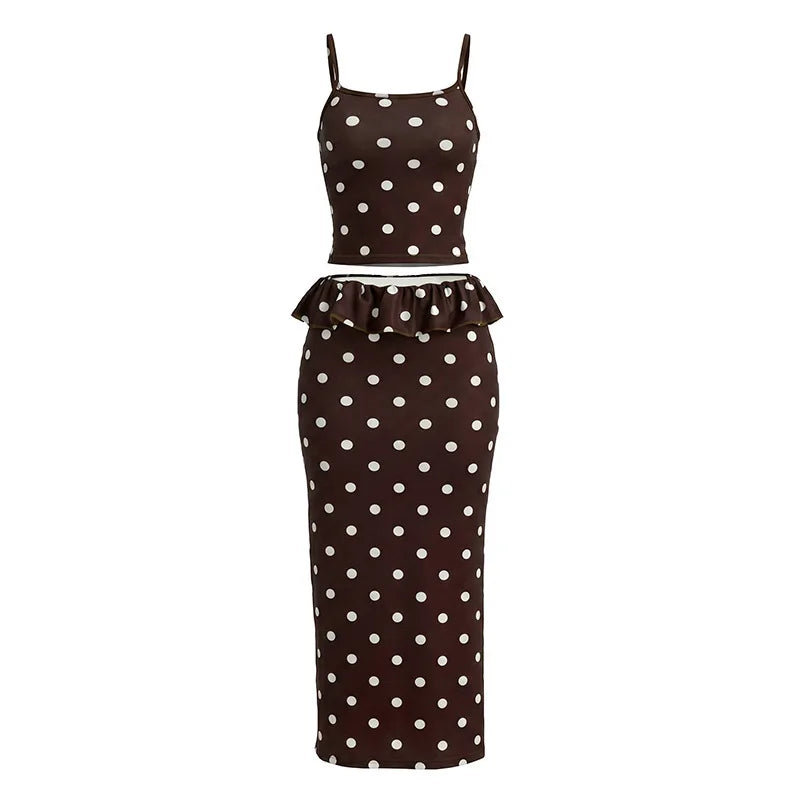 2026 Summer Women Hot Girl Polka Dot Cami Skirt Set Ruffle Split Hem Midi Skirt Two Piece Outfit Trendy Female Holiday Beach Mat