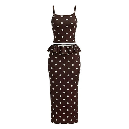2026 Summer Women Hot Girl Polka Dot Cami Skirt Set Ruffle Split Hem Midi Skirt Two Piece Outfit Trendy Female Holiday Beach Mat