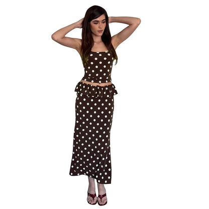 2026 Summer Women Hot Girl Polka Dot Cami Skirt Set Ruffle Split Hem Midi Skirt Two Piece Outfit Trendy Female Holiday Beach Mat