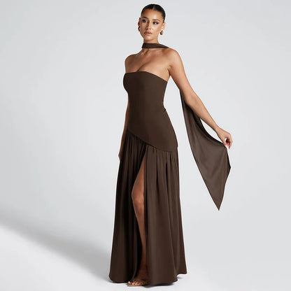 Women Solid Color Strapless Dress Slim Fit Split Backless Elegant Ribbon Midi Dress Fashion Evening Party Formal Dresses