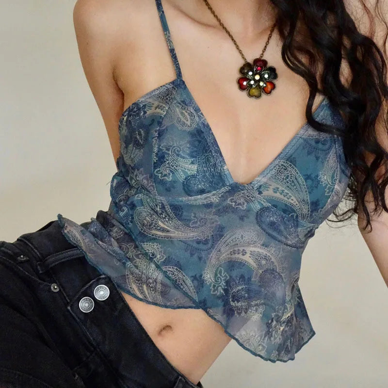 Mesh See Through Printed Vest Women Sexy Casual V-neck Sleeveless Suspender Camisole Patchwork Tank Top Streetwear