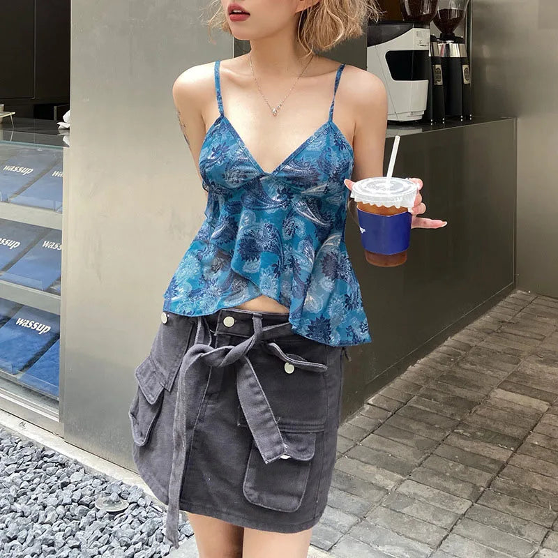 Mesh See Through Printed Vest Women Sexy Casual V-neck Sleeveless Suspender Camisole Patchwork Tank Top Streetwear