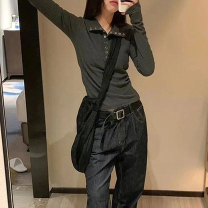 Women's Y2K Knitted Sweater Long Sleeve Slim Fit Pullover Top for Autumn Winter Versatile Bottoming Layer All Match Design
