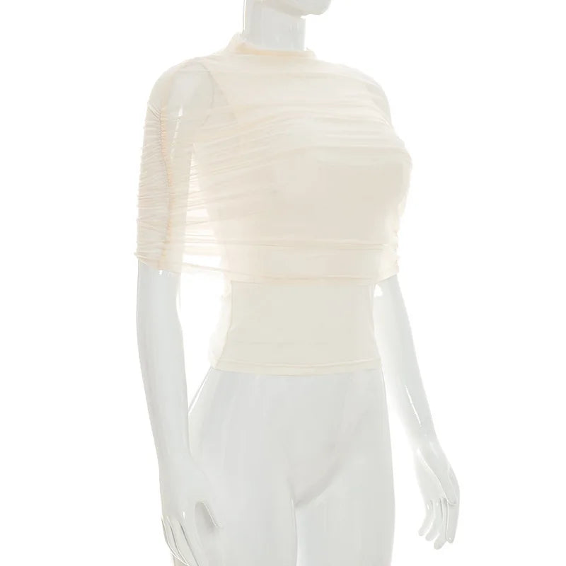 Women Spring Summer Pullover Cap Sleeve Ruched Mesh Patchwork Tops Slim Spliced Sheer Top