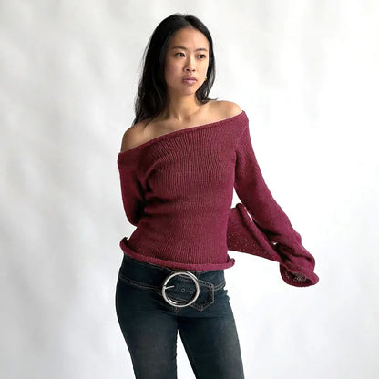 Casual Pullover Women Long Sleeve Y2K Knitted Sweater Tops Sexy Off Shoulder Club Fashion 2025 Winter Jumpers Sweater