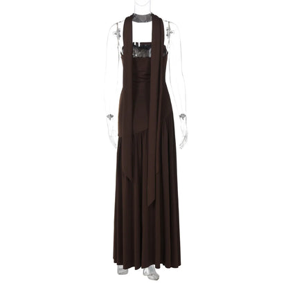 Women Solid Color Strapless Dress Slim Fit Split Backless Elegant Ribbon Midi Dress Fashion Evening Party Formal Dresses