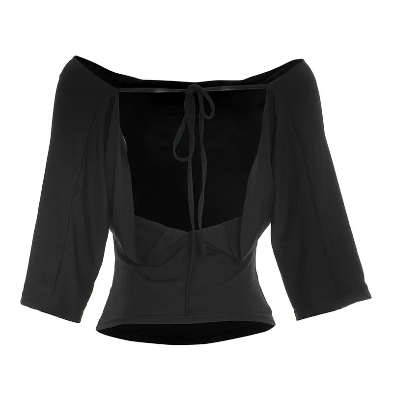 2026 Summer Women Sexy Off Shoulder 3/4 Sleeve Open Back Tie Up T Shirt Slim Fit Fashion Going Out Pullover Crop Tops Ladies