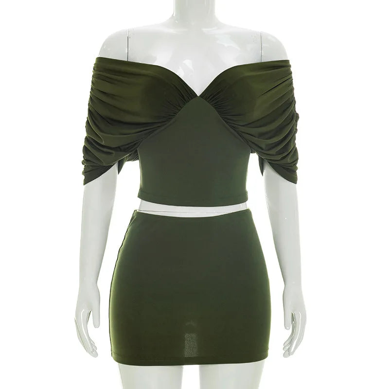 Summer Vintage Elegant 2 Piece Set Women One Shoulder Off Backless Ruched Waist Pleated Casual Suit