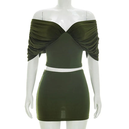 Summer Vintage Elegant 2 Piece Set Women One Shoulder Off Backless Ruched Waist Pleated Casual Suit