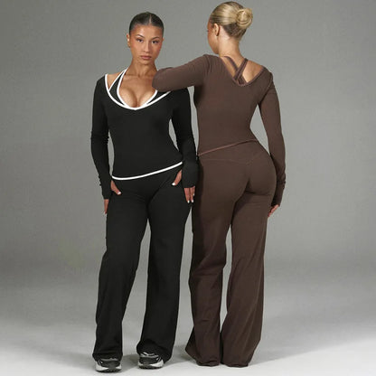 Cross Border Autumn Women's Clothing From Europe And America, New Color Blocking V-neck Long Sleeved Straight Leg Pants Set For