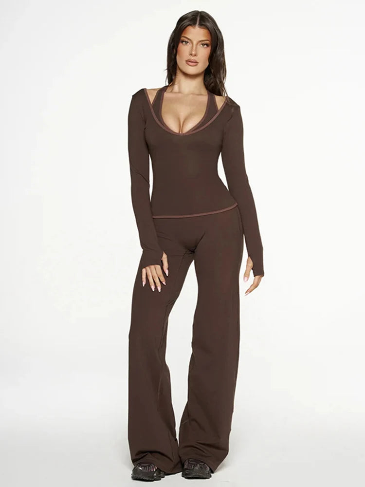 Cross Border Autumn Women's Clothing From Europe And America, New Color Blocking V-neck Long Sleeved Straight Leg Pants Set For