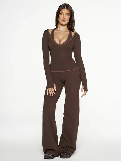 Cross Border Autumn Women's Clothing From Europe And America, New Color Blocking V-neck Long Sleeved Straight Leg Pants Set For