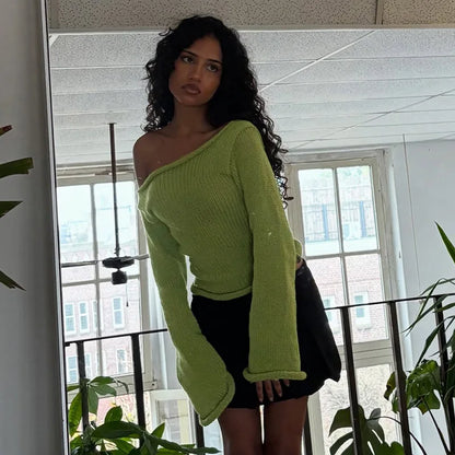 Casual Pullover Women Long Sleeve Y2K Knitted Sweater Tops Sexy Off Shoulder Club Fashion 2025 Winter Jumpers Sweater