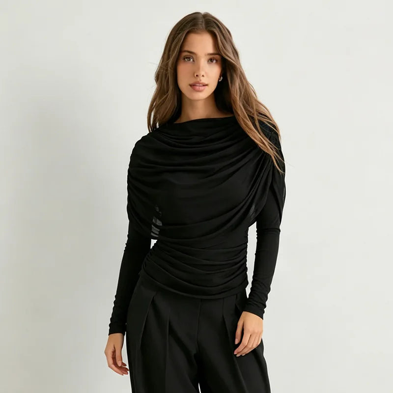 2026 Spring Summer Women Long Sleeve T-Shirt Draped Collar Pleated Shawl Slim Fit Stretch Tops Elegant Casual Daily Wear Top