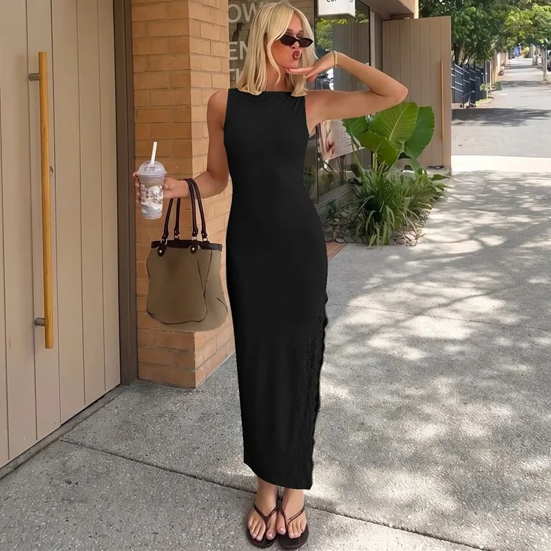 2026 Summer Women Lace Trim Split Dress Sexy Backless Sleeveless Long Dress Party Maxi Dress