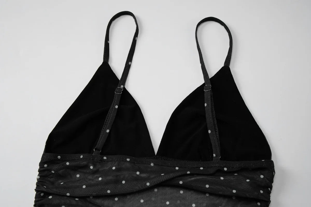 2026 Summer Women Sexy V Neck Polka Dot Mesh Spliced Camisole Slim Fit Sleeveless Tank Tops Casual Vest