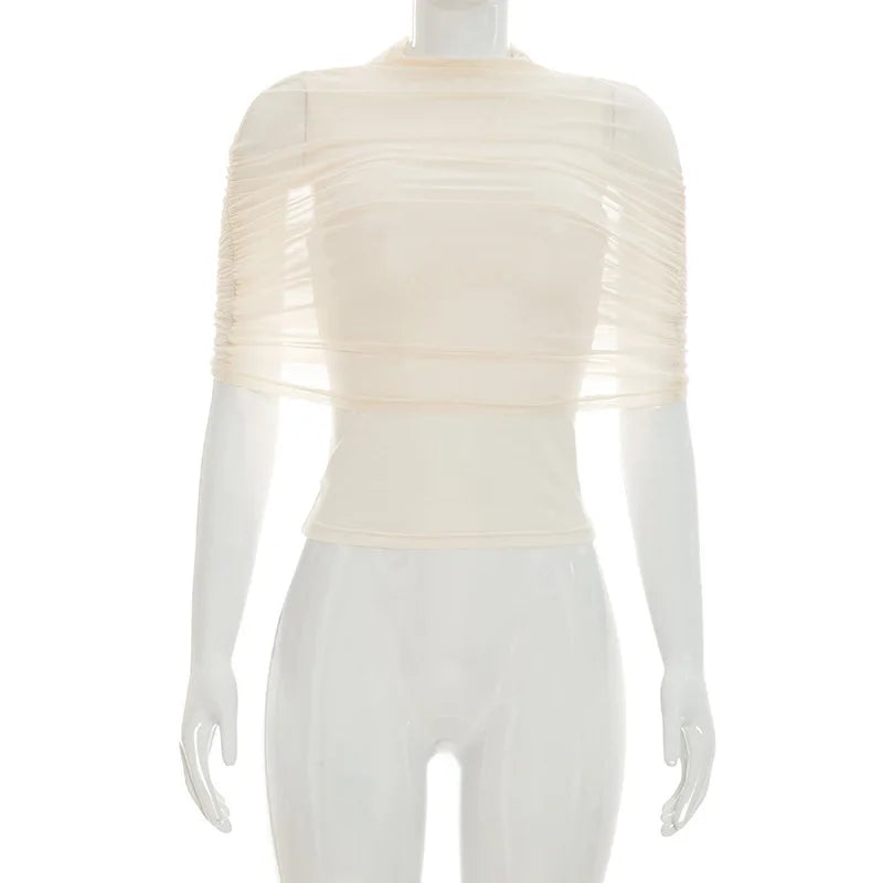 Women Spring Summer Pullover Cap Sleeve Ruched Mesh Patchwork Tops Slim Spliced Sheer Top