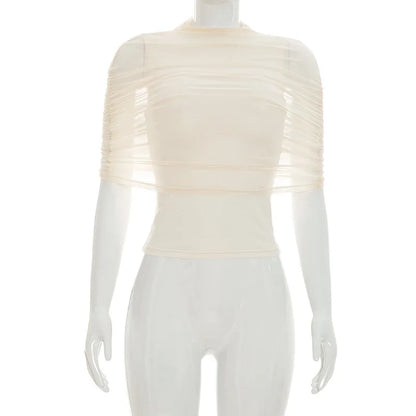 Women Spring Summer Pullover Cap Sleeve Ruched Mesh Patchwork Tops Slim Spliced Sheer Top