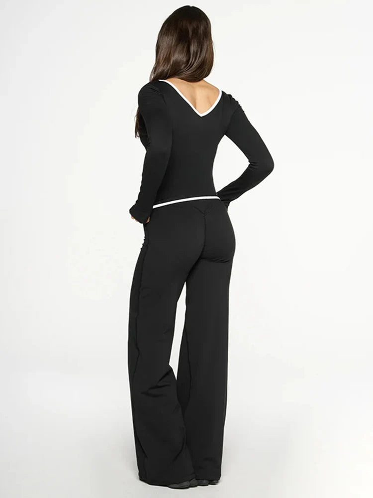 Cross Border Autumn Women's Clothing From Europe And America, New Color Blocking V-neck Long Sleeved Straight Leg Pants Set For