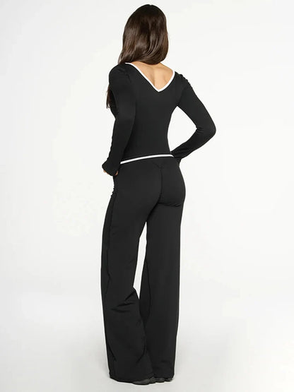 Cross Border Autumn Women's Clothing From Europe And America, New Color Blocking V-neck Long Sleeved Straight Leg Pants Set For