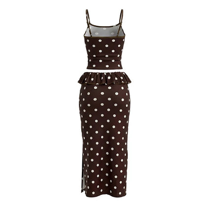 2026 Summer Women Hot Girl Polka Dot Cami Skirt Set Ruffle Split Hem Midi Skirt Two Piece Outfit Trendy Female Holiday Beach Mat