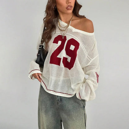 Y2K Style Sports Jersey Women's Knitted Tops Fashionable Digital Printed Round Neck Long Sleeve Jumper 2025 Summer Street Trend