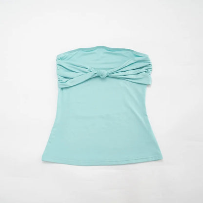 Women Solid Color Strapless Tube Top Sexy Tie Front Waist Shaping Crop T-shirt Summer Beach Vacation Spicy Girl Slim Fit Sleevel