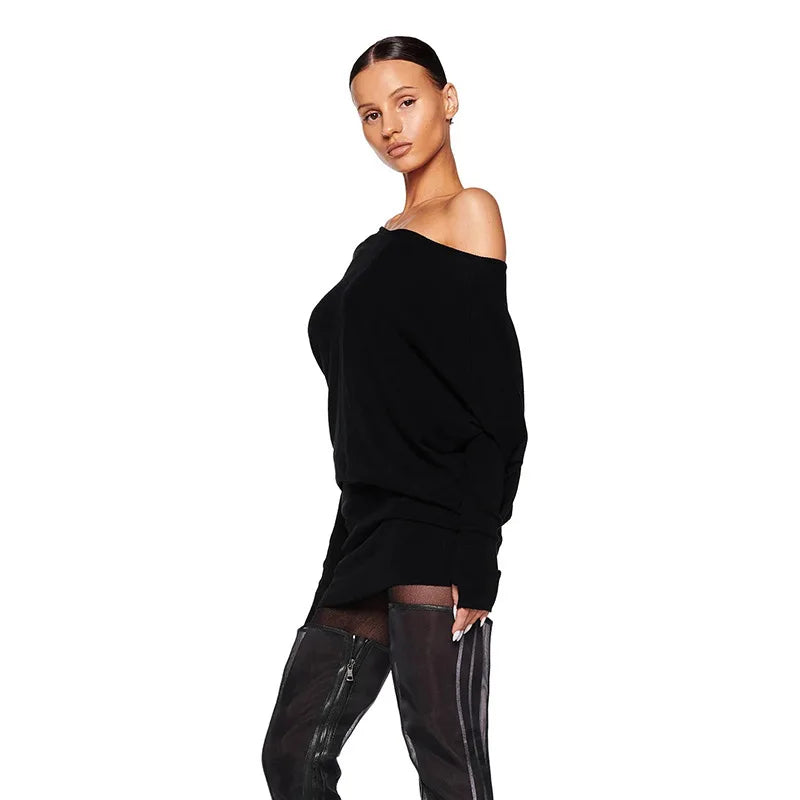 Off Shoulder Sexy Mini Dress Women Oblique Neck Long Sleeve Bodycon Dress Fall Winter Sexy Short Party Club Dresses