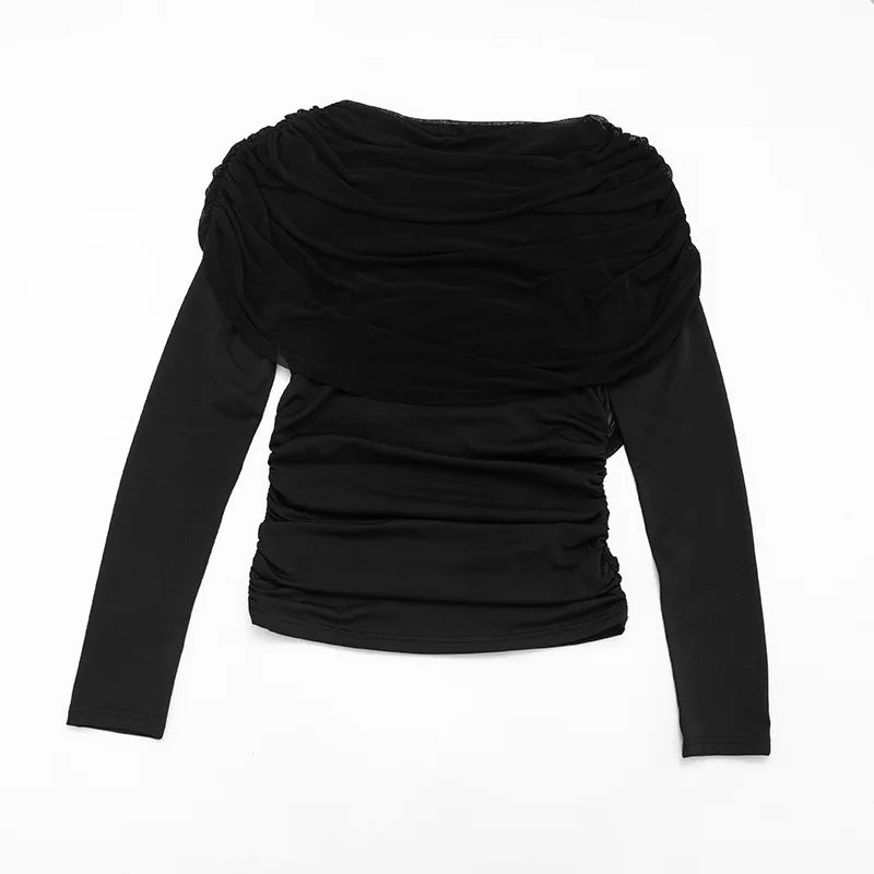 2026 Spring Summer Women Long Sleeve T-Shirt Draped Collar Pleated Shawl Slim Fit Stretch Tops Elegant Casual Daily Wear Top