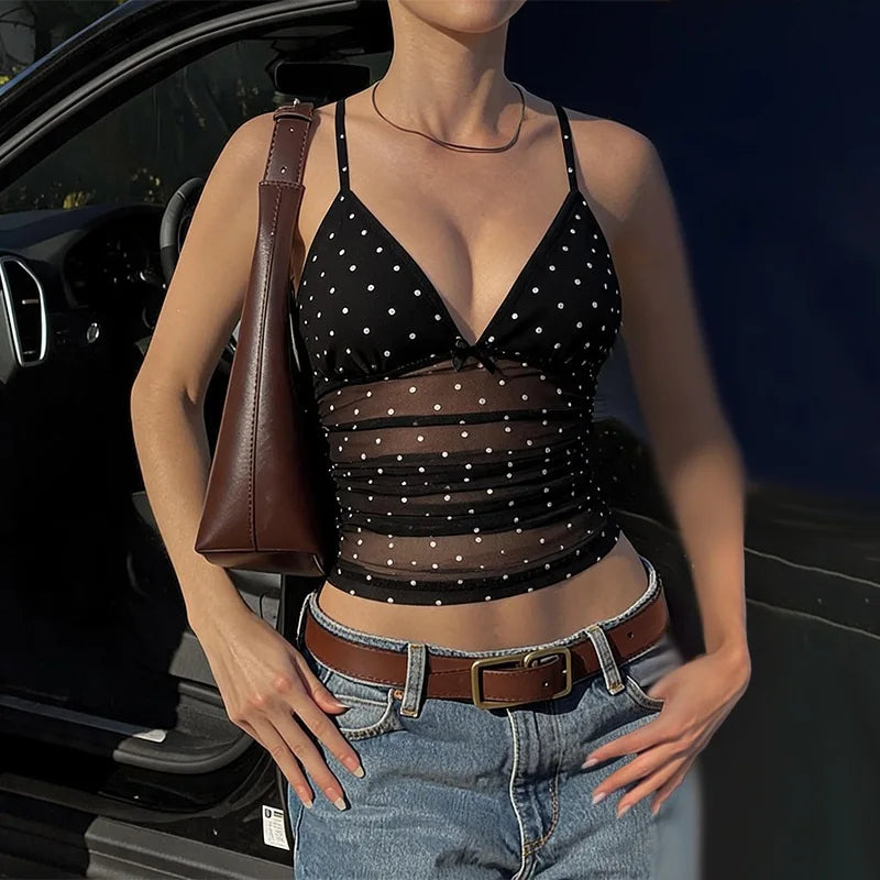 2026 Summer Women Sexy V Neck Polka Dot Mesh Spliced Camisole Slim Fit Sleeveless Tank Tops Casual Vest