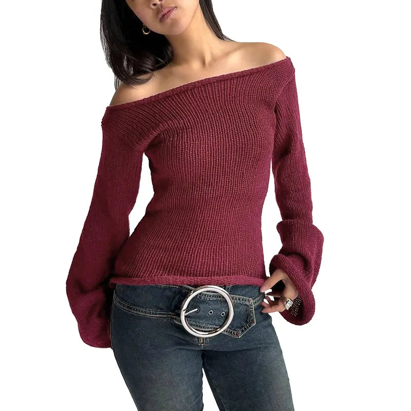 Casual Pullover Women Long Sleeve Y2K Knitted Sweater Tops Sexy Off Shoulder Club Fashion 2025 Winter Jumpers Sweater