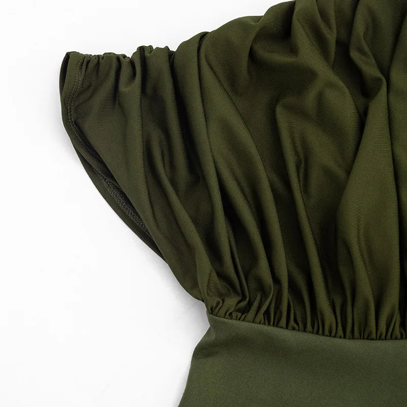 Summer Vintage Elegant 2 Piece Set Women One Shoulder Off Backless Ruched Waist Pleated Casual Suit