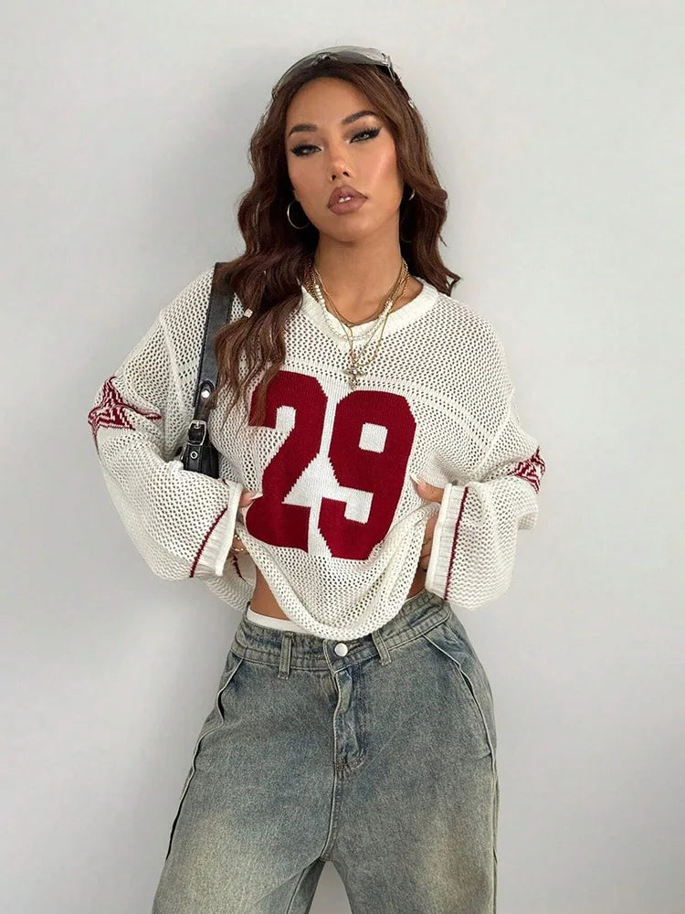 Y2K Style Sports Jersey Women's Knitted Tops Fashionable Digital Printed Round Neck Long Sleeve Jumper 2025 Summer Street Trend