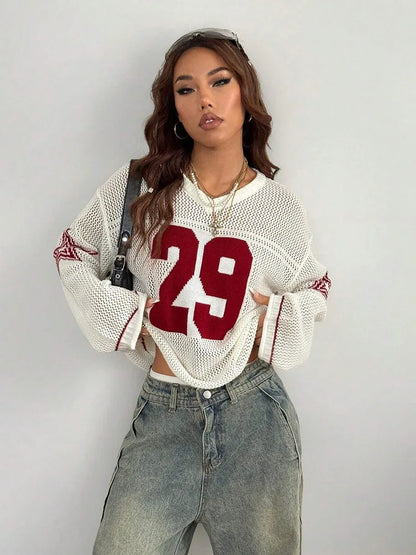 Y2K Style Sports Jersey Women's Knitted Tops Fashionable Digital Printed Round Neck Long Sleeve Jumper 2025 Summer Street Trend