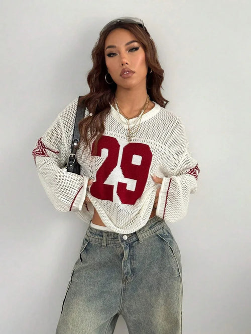 Y2K Style Sports Jersey Women's Knitted Tops Fashionable Digital Printed Round Neck Long Sleeve Jumper 2025 Summer Street Trend