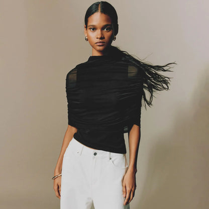 Women Spring Summer Pullover Cap Sleeve Ruched Mesh Patchwork Tops Slim Spliced Sheer Top
