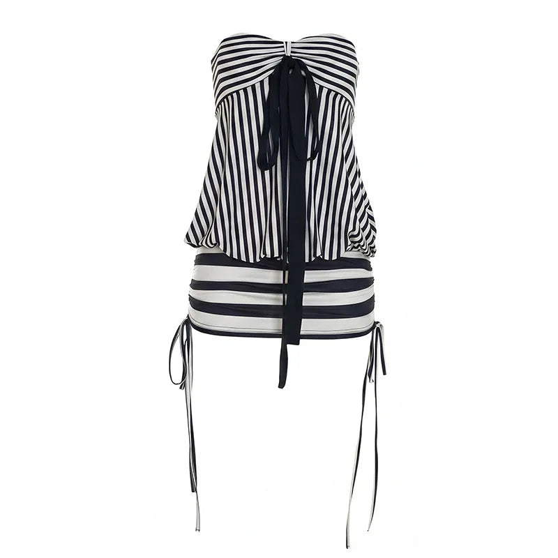 Women Summer Sexy Strapless Striped Bandage Waist Mini Dress Slim Bodycon Short Party Dresses