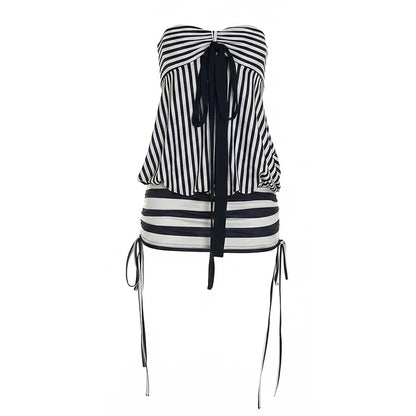 Women Summer Sexy Strapless Striped Bandage Waist Mini Dress Slim Bodycon Short Party Dresses