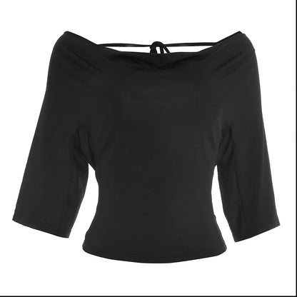 2026 Summer Women Sexy Off Shoulder 3/4 Sleeve Open Back Tie Up T Shirt Slim Fit Fashion Going Out Pullover Crop Tops Ladies